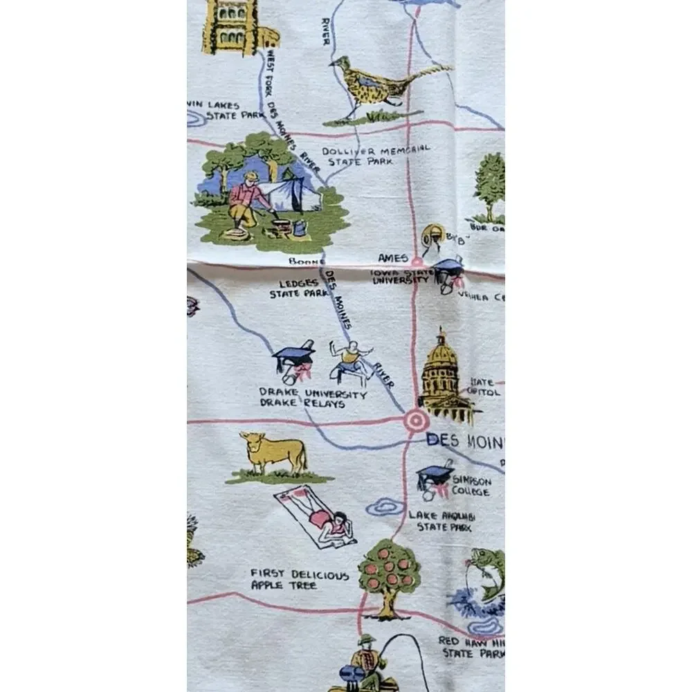 Vintage Iowa State Souvenir Tablecloth 44” Square Hawkeye State Map Cotton 60s